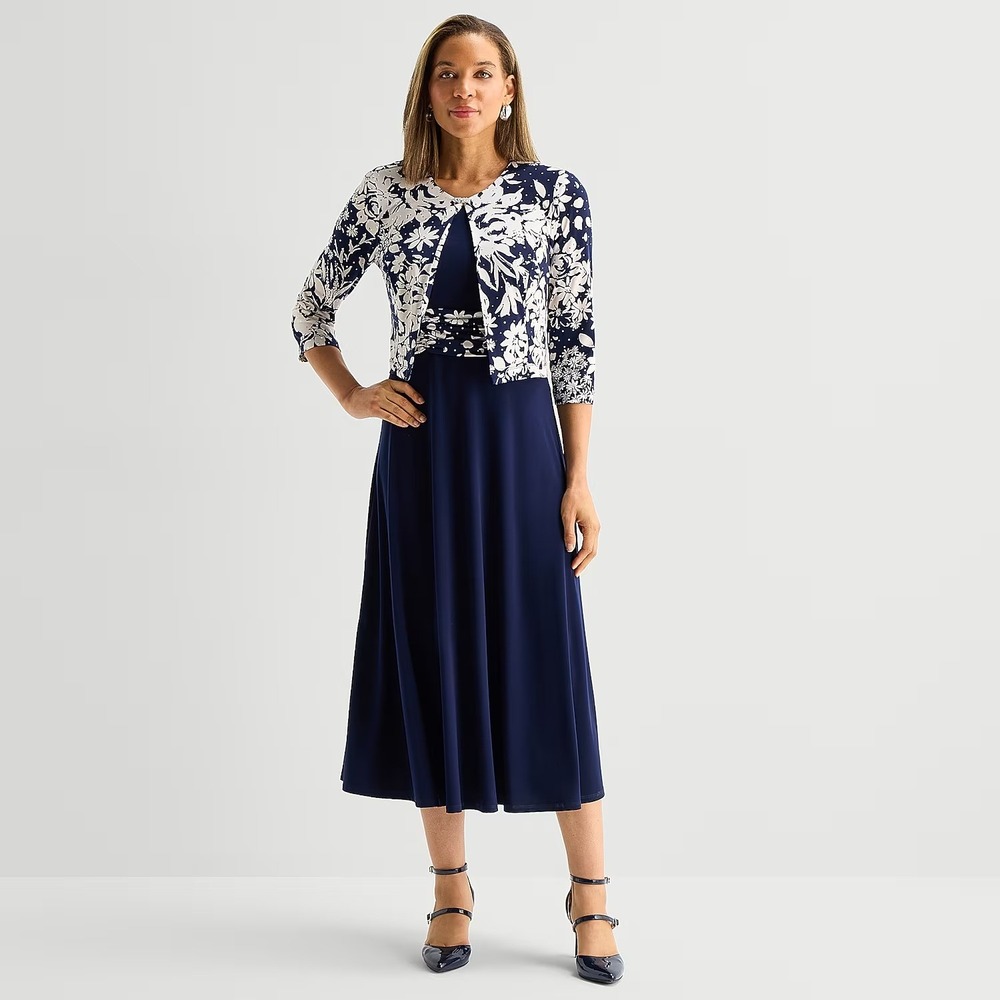 MSRP $130 Jessica Howard Womens 18 Navy Multi Midi Floral Jacket Dress